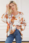 Printed V-Neck Smocked Balloon Sleeve Blouse White Blouses - Tophatter Daily Deals