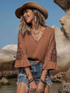 Openwork V-Neck Flounce Sleeve Blouse Blouses - Tophatter Daily Deals