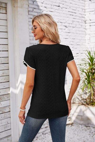 Eyelet Round Neck Petal Sleeve T-Shirt Women's T-Shirts - Tophatter Daily Deals