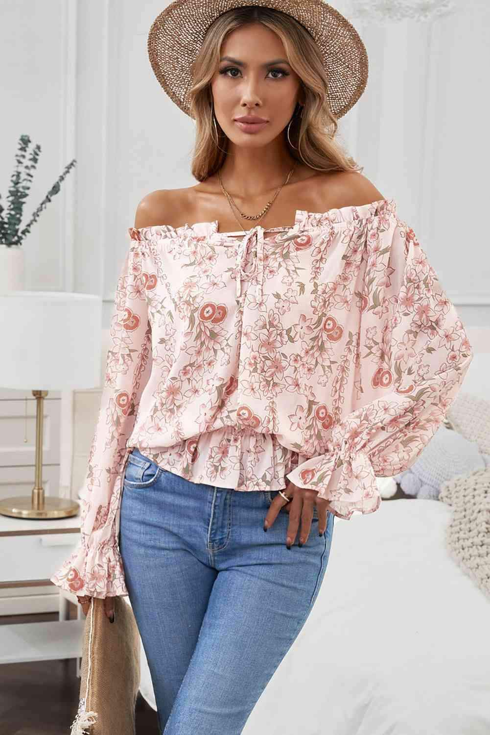 Floral Flounce Sleeve Frilled Off-Shoulder Blouse Pink Blouses - Tophatter Daily Deals