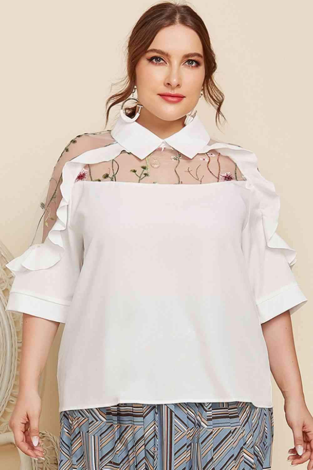 Plus Size Embroidered Ruffle Trim Collared Half Sleeve Blouse White Blouses - Tophatter Daily Deals