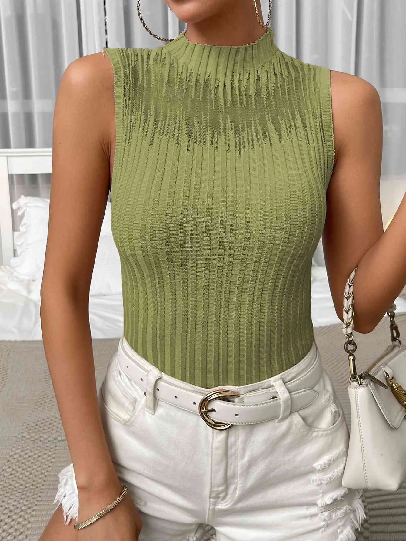 Mock Neck Ribbed Knit Tank Matcha Green Blouses - Tophatter Daily Deals