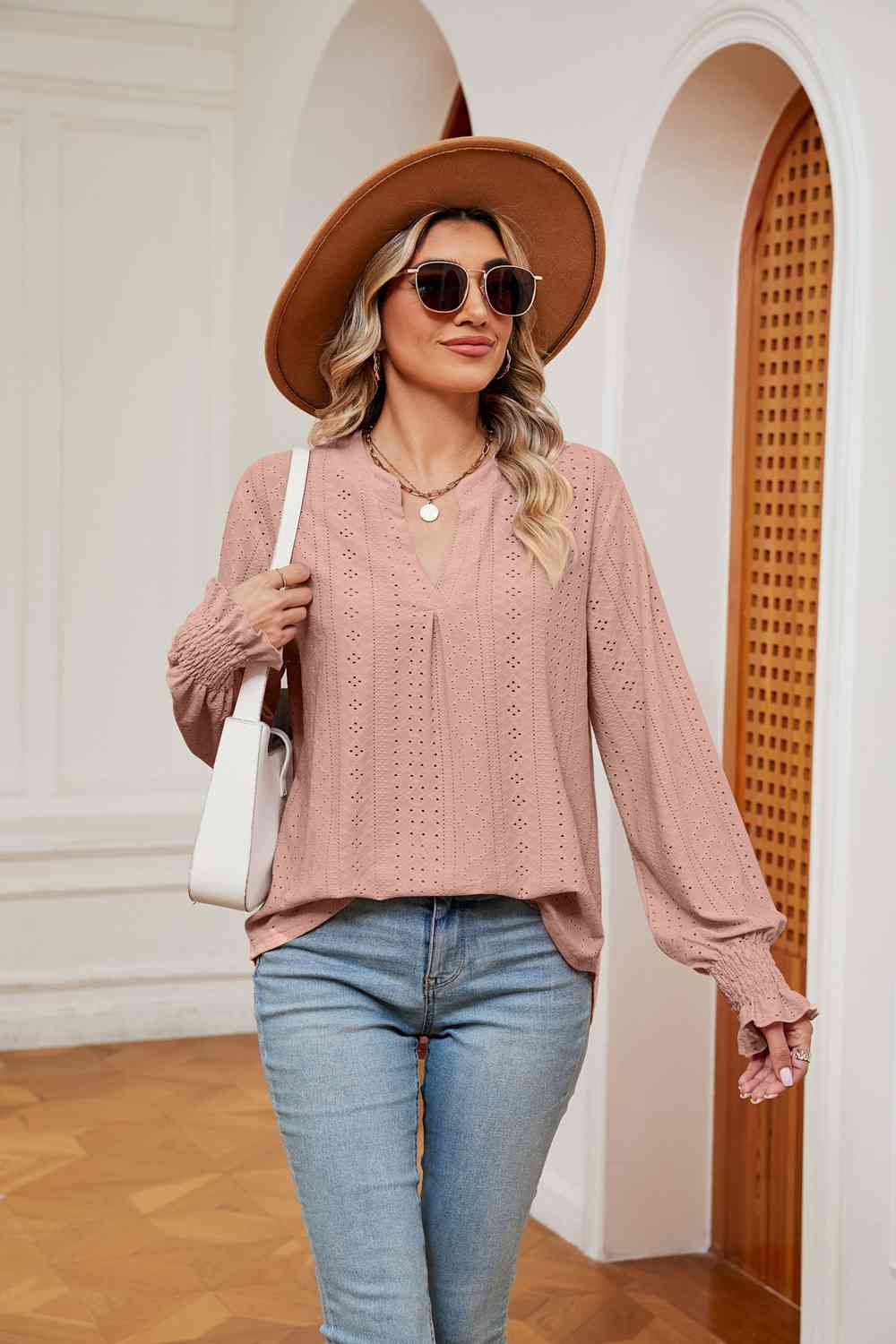 Notched Neck Flounce Sleeve Blouse - Tophatter Deals