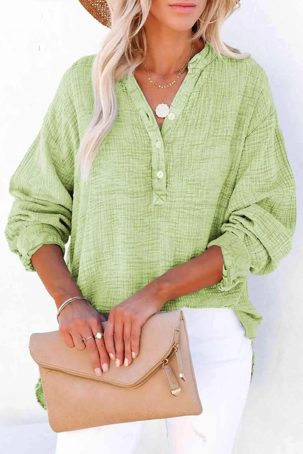 Buttoned Long Sleeve Blouse Blouses - Tophatter Daily Deals