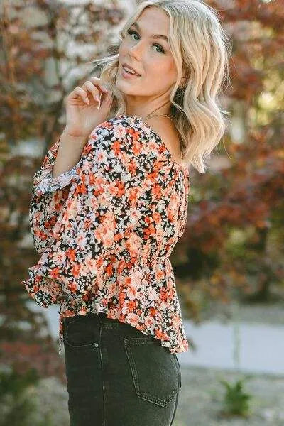 Floral Tied Flounce Sleeve Peplum Blouse Blouses - Tophatter Daily Deals