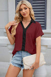 Eyelet Johnny Collar Short Sleeve T-Shirt Women's T-Shirts - Tophatter Daily Deals