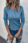 Quarter-Snap Round Neck Top Blue Blouses - Tophatter Daily Deals