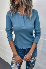 Quarter-Snap Round Neck Top Blue Blouses - Tophatter Daily Deals