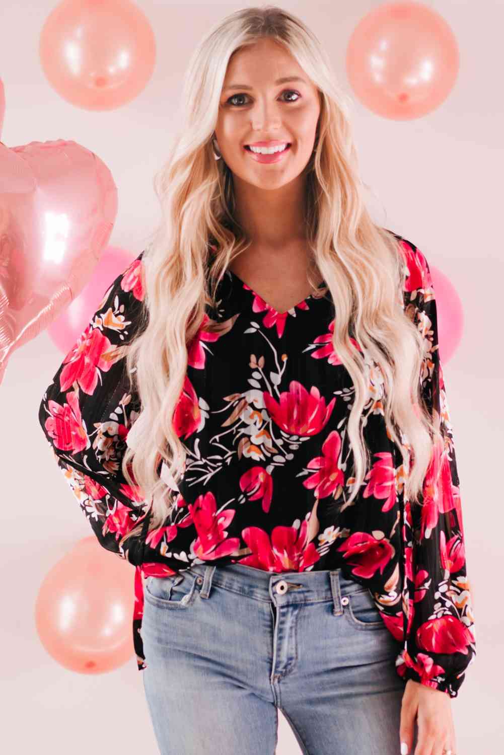 Floral V-Neck Balloon Sleeve Blouse - Tophatter Deals