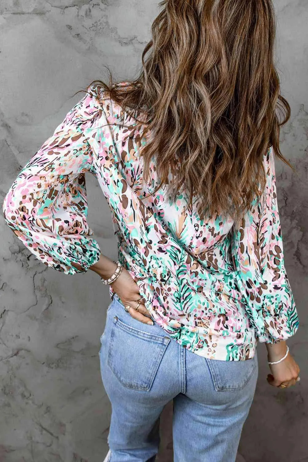 Printed Round Neck Balloon Sleeve Blouse Blouses - Tophatter Daily Deals