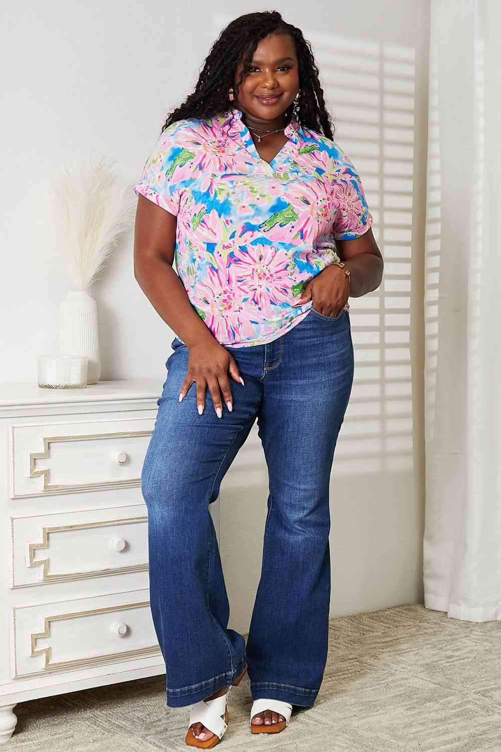 Double Take Floral Notched Neck Short Sleeve Top Blouses - Tophatter Daily Deals