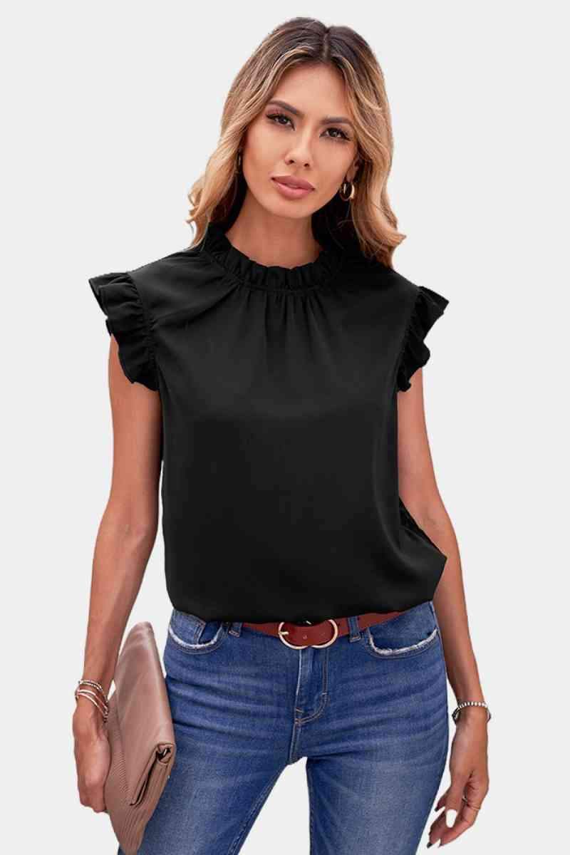 Ruffle Mock Neck Sleeveless Top Black Blouses - Tophatter Daily Deals