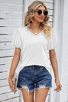 Heathered V-Neck Balloon Sleeve T-Shirt White Women's T-Shirts - Tophatter Daily Deals