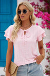 Eyelet Tie-Neck Flutter Sleeve Blouse Blouses - Tophatter Daily Deals