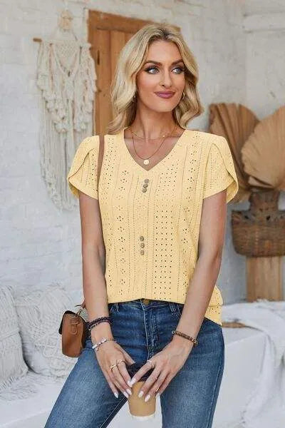 Decorative Button Eyelet V-Neck Short Sleeve T-Shirt Women's T-Shirts - Tophatter Daily Deals
