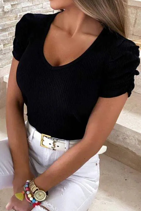 Puff Sleeve V-Neck Ribbed Top Women's T-Shirts - Tophatter Daily Deals