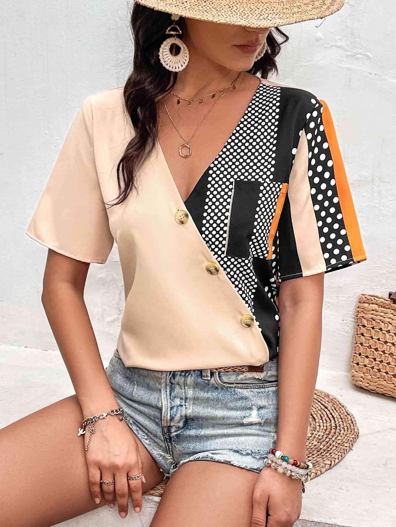 Plunge Flutter Sleeve Blouse with Pocket Blouses - Tophatter Daily Deals