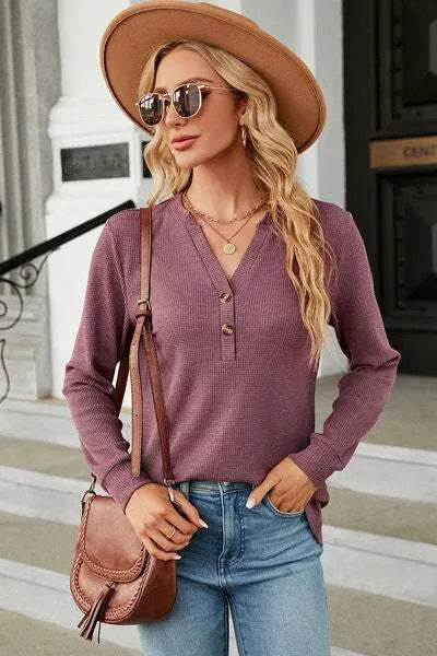 Waffle-Knit Notched Long Sleeve T-Shirt Women's T-Shirts - Tophatter Daily Deals