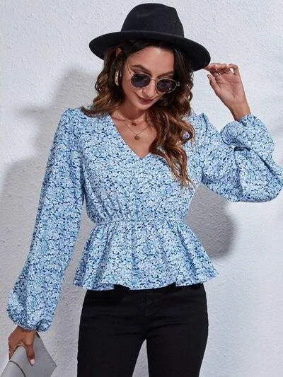 Floral V-Neck Balloon Sleeve Peplum Blouse Blouses - Tophatter Daily Deals