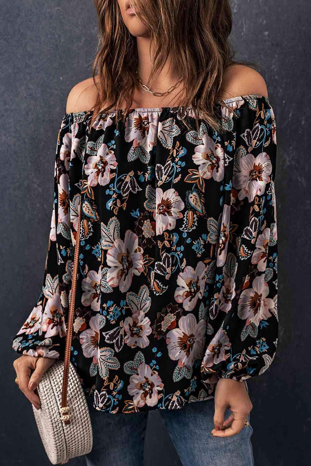 Floral Off-Shoulder Balloon Sleeve Blouse Black L Blouses - Tophatter Daily Deals