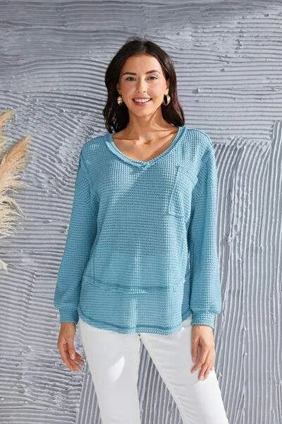 Waffle-Knit V-Neck Blouse with Breast Pocket Teal Blouses - Tophatter Daily Deals