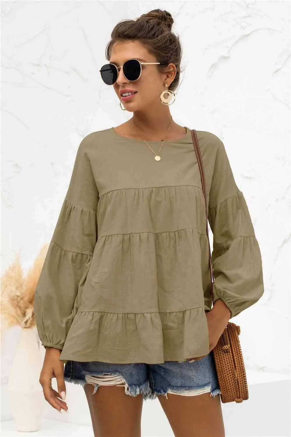 Round Neck Bubble Sleeve Tiered Blouse Blouses - Tophatter Daily Deals