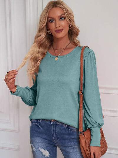 Round Neck Lantern Sleeve Blouse Teal Blouses - Tophatter Daily Deals