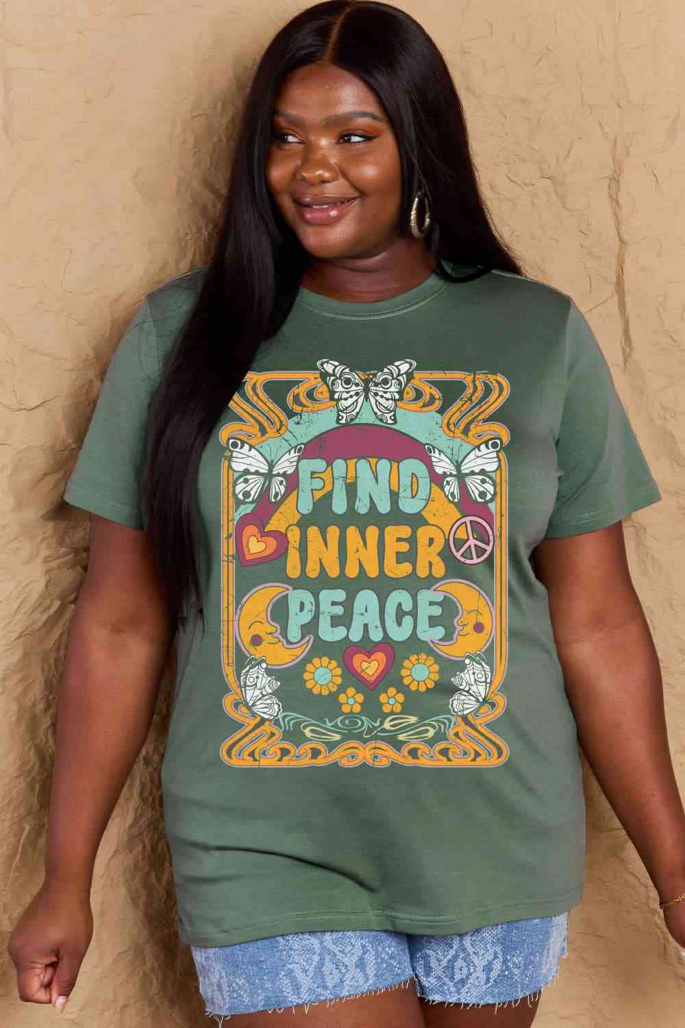 Simply Love Full Size FIND INNER PEACE Graphic Cotton T-Shirt Women's T-Shirts - Tophatter Daily Deals