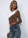 Cropped Contrast Color Round Neck Short Sleeve Tee Chestnut Women's T-Shirts - Tophatter Daily Deals