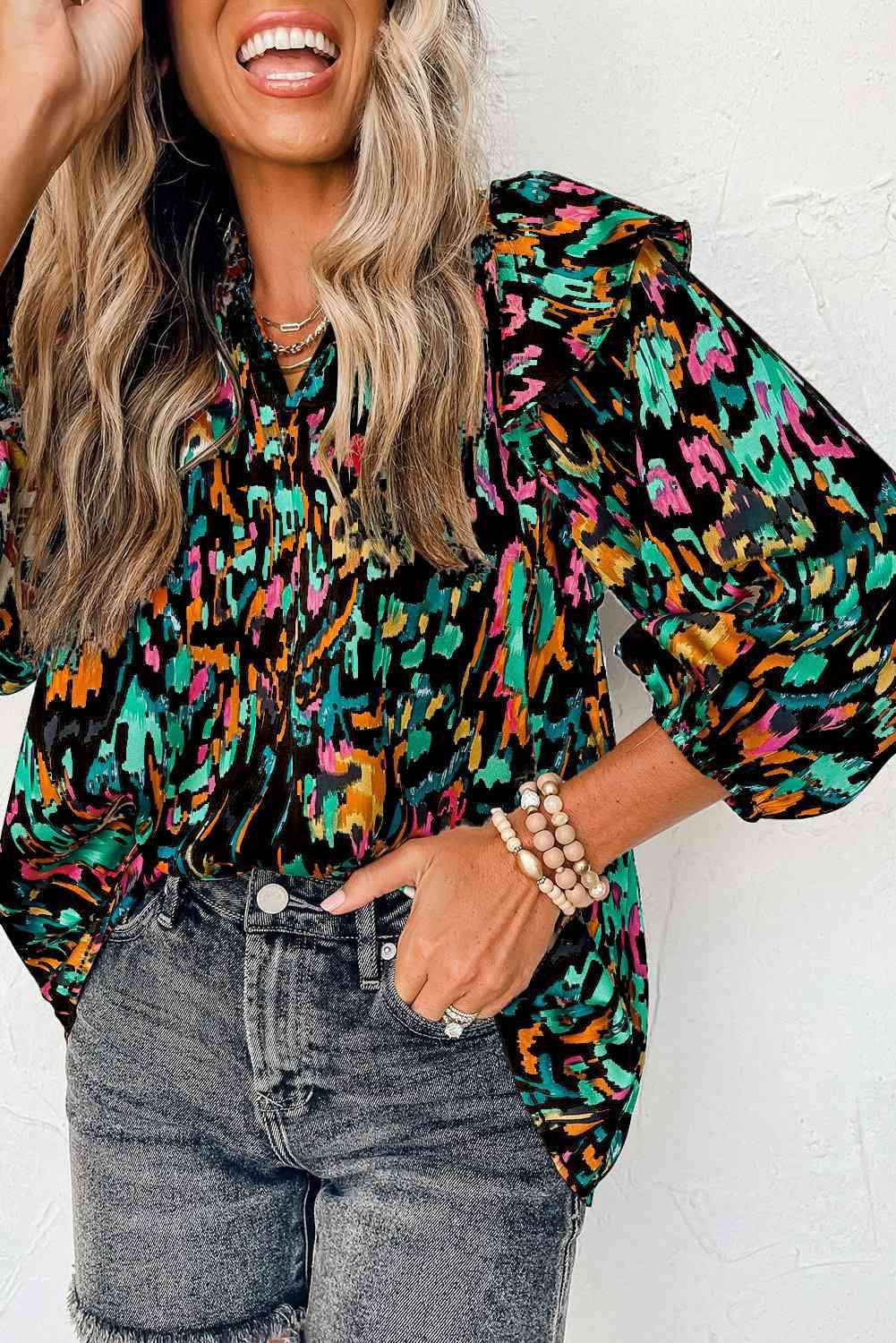 Printed Nochted Neck Ruffled Blouse Blouses - Tophatter Daily Deals