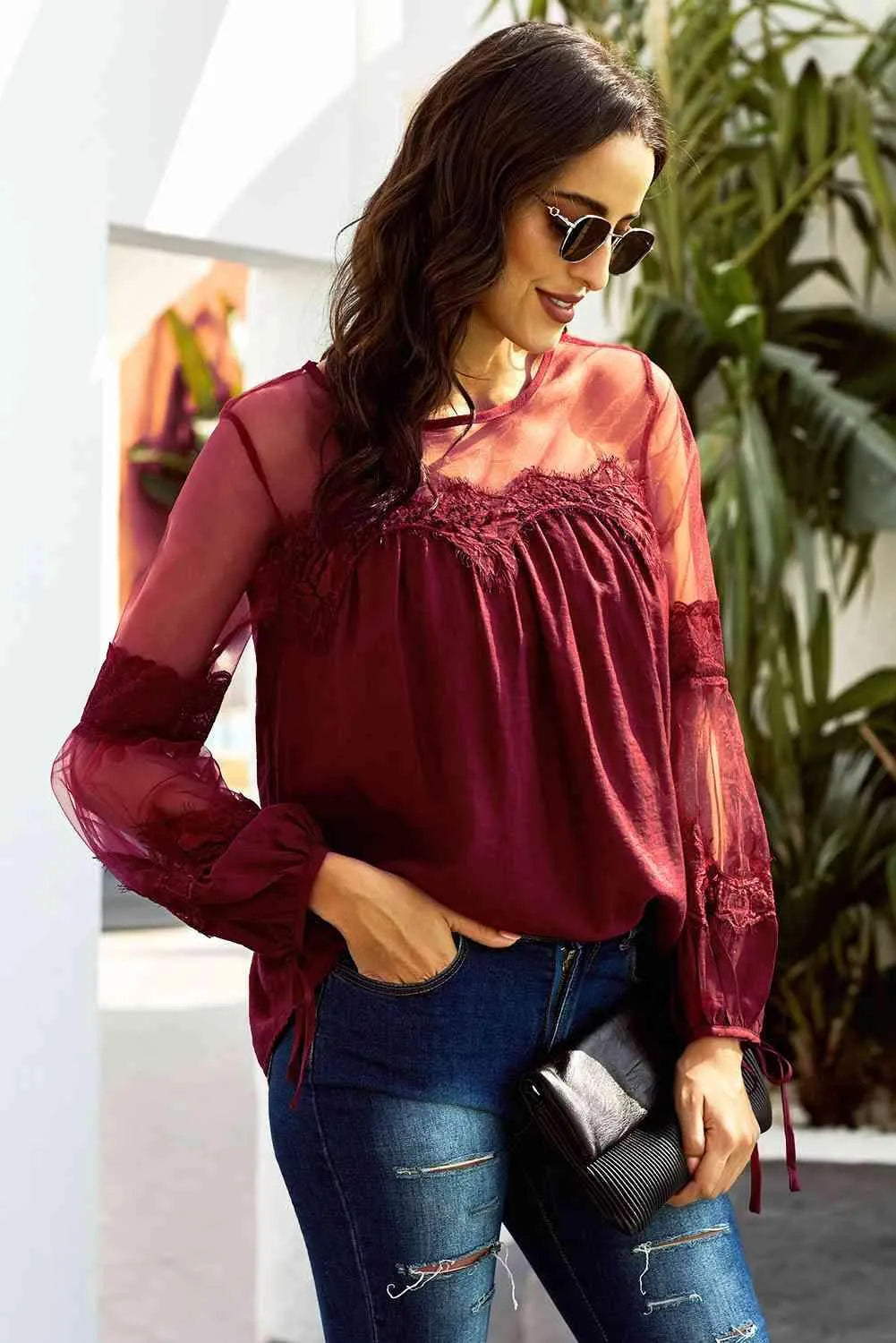 Tied Spliced Mesh Bubble Sleeve Blouse Blouses - Tophatter Daily Deals