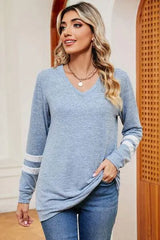 Striped V-Neck Long Sleeve T-Shirt Women's T-Shirts - Tophatter Daily Deals
