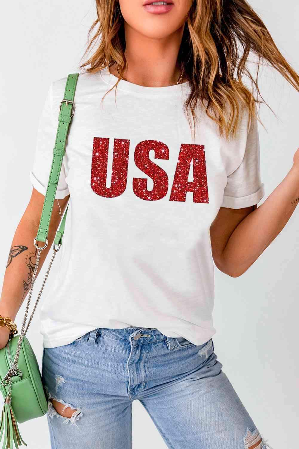 USA Graphic Round Neck Tee White Women's T-Shirts - Tophatter Daily Deals