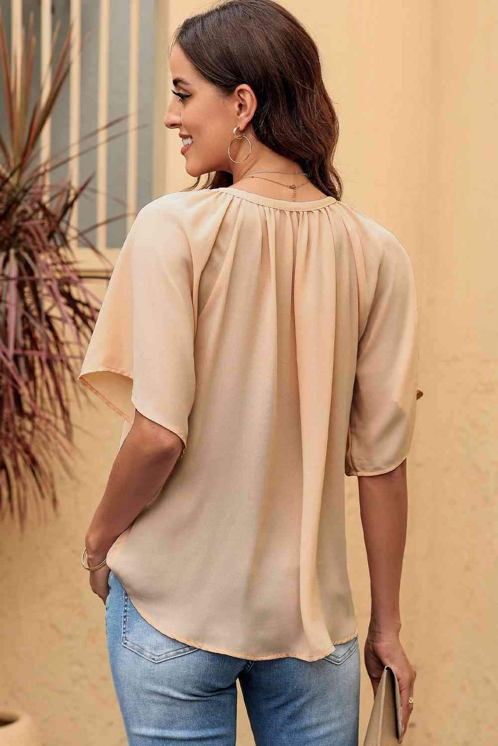 Gathered Detail Notched Neck Flutter Sleeve Top Blouses - Tophatter Daily Deals