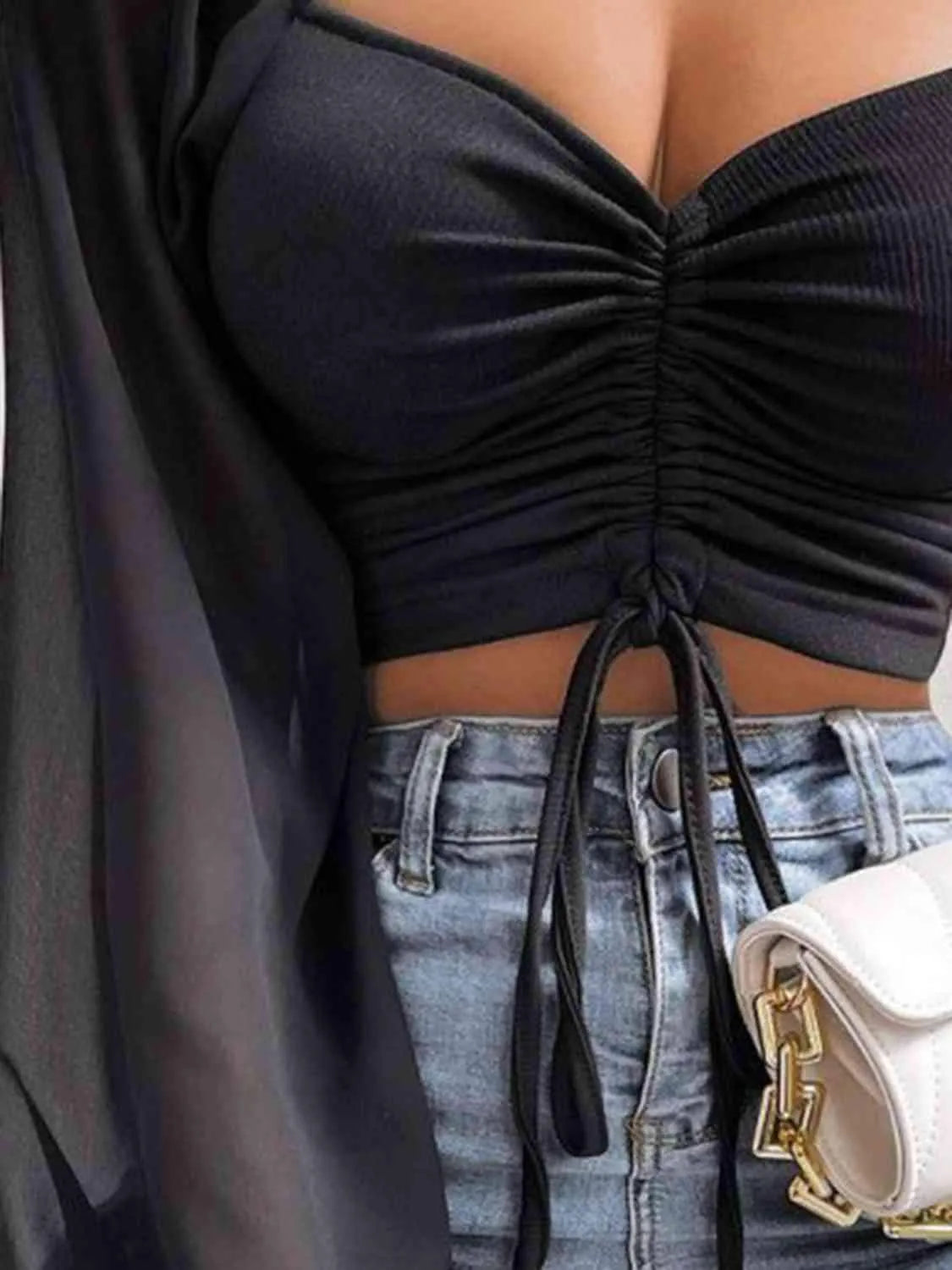 Drawstring Sweetheart Neck Cropped Top Blouses - Tophatter Daily Deals