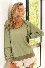 BiBi Waffle Knit Contrast Trim Long Sleeve T-Shirt Blouses - Tophatter Daily Deals