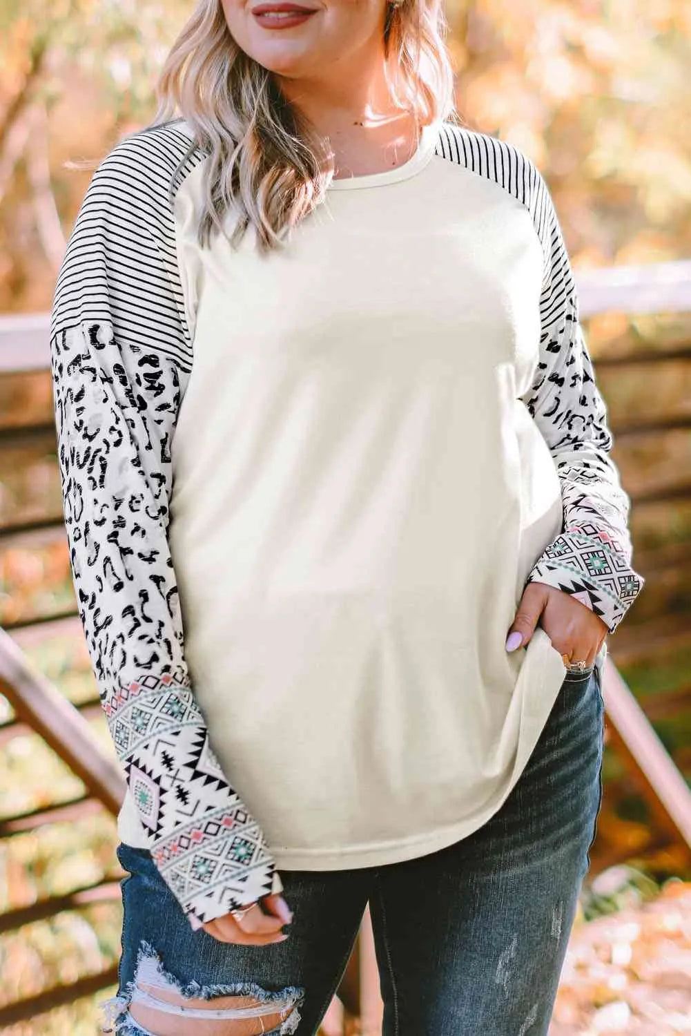 Plus Size Mixed Print Raglan Sleeve Round Neck Top Beige Blouses - Tophatter Daily Deals