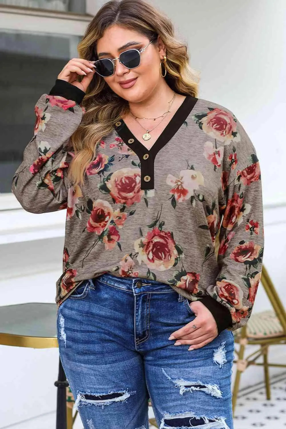 Plus Size Floral V-Neck Blouse Blouses - Tophatter Daily Deals