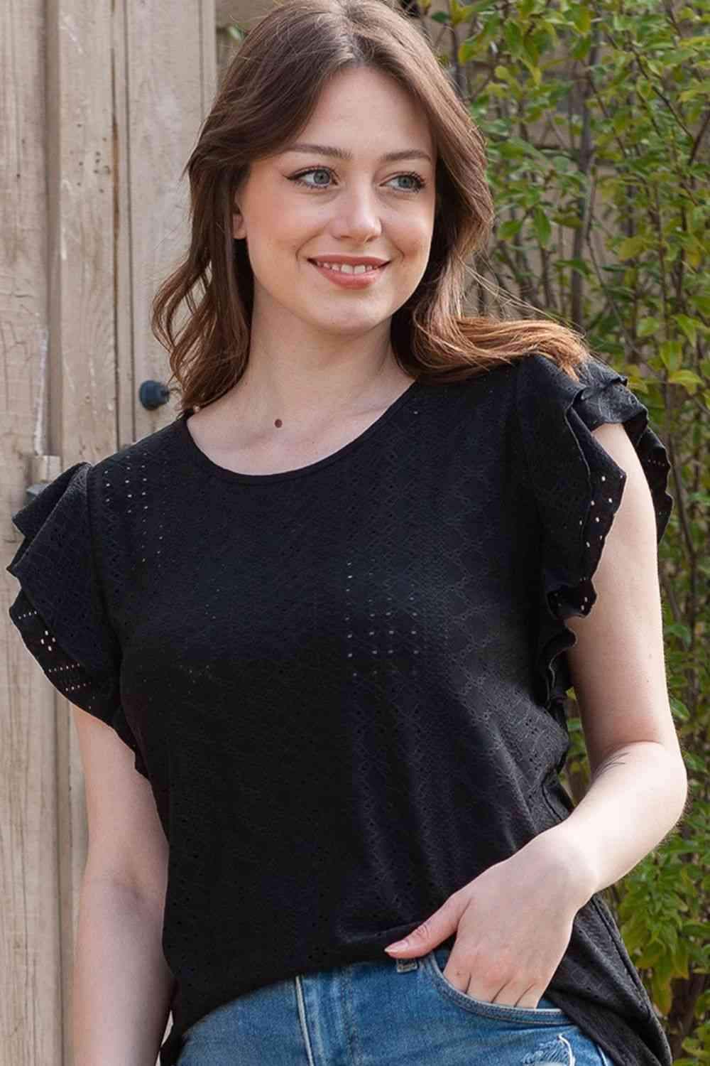 Eyelet Round Neck Flutter Sleeve Blouse Black Blouses - Tophatter Daily Deals