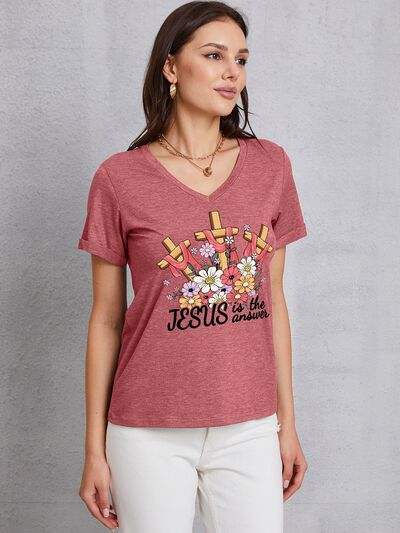 JESUS IS THE ANSWER V-Neck T-Shirt Light Mauve Women's T-Shirts - Tophatter Daily Deals