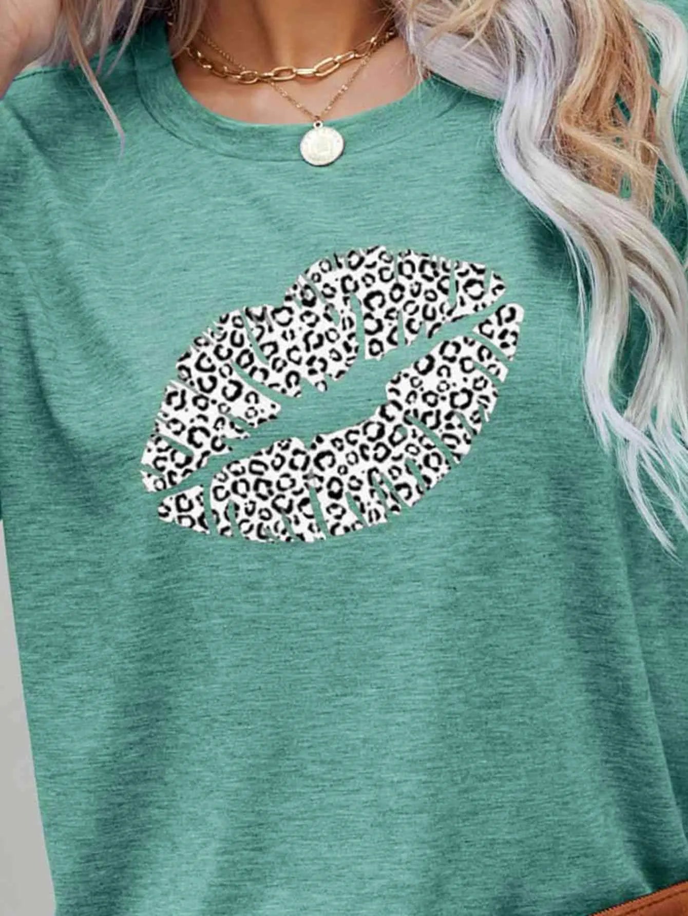 Leopard Lip Graphic Round Neck Tee Women's T-Shirts - Tophatter Daily Deals