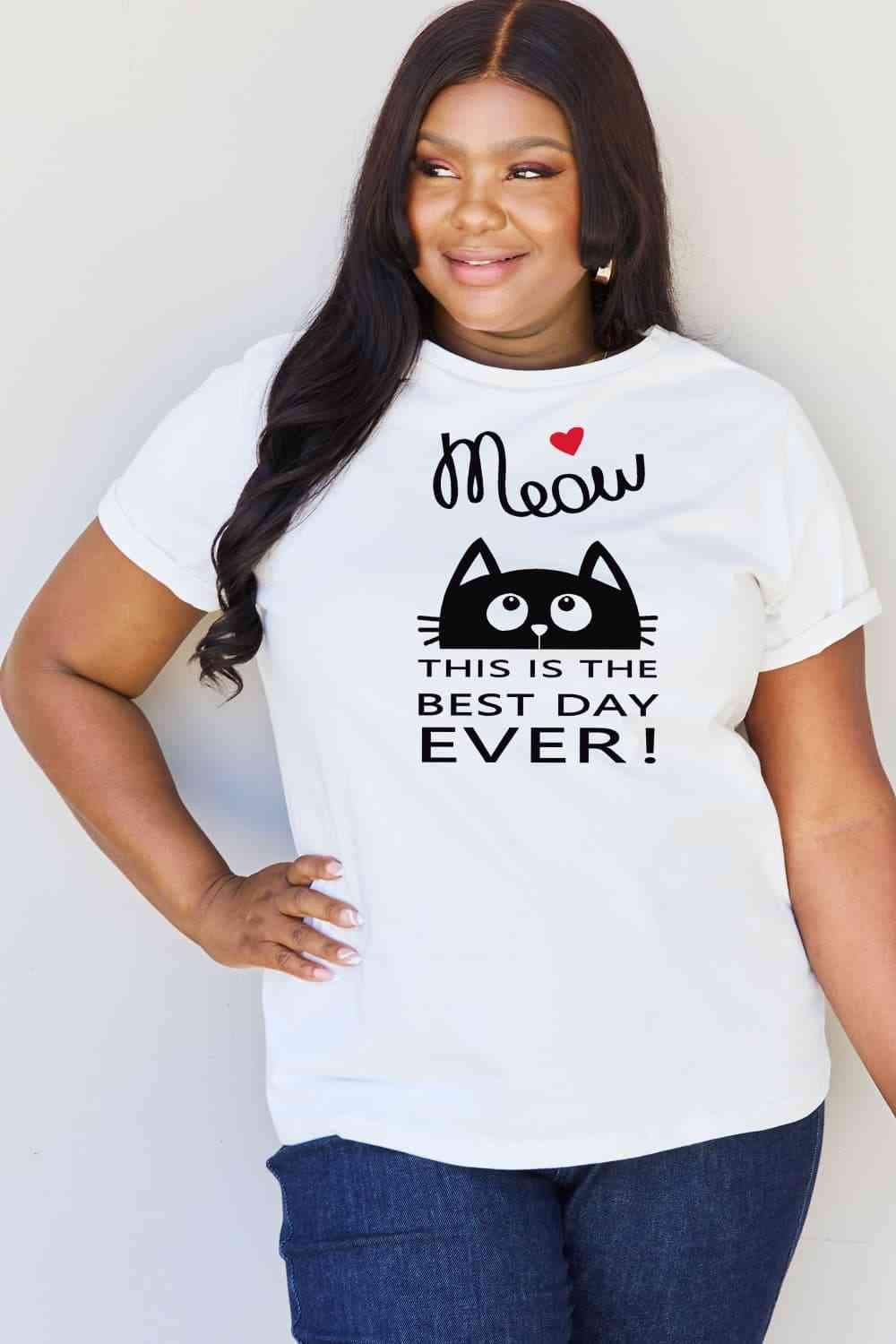 Simply Love Full Size MEOW THIS IS THE BEST DAY EVER! Graphic Cotton T-Shirt Women's T-Shirts - Tophatter Daily Deals