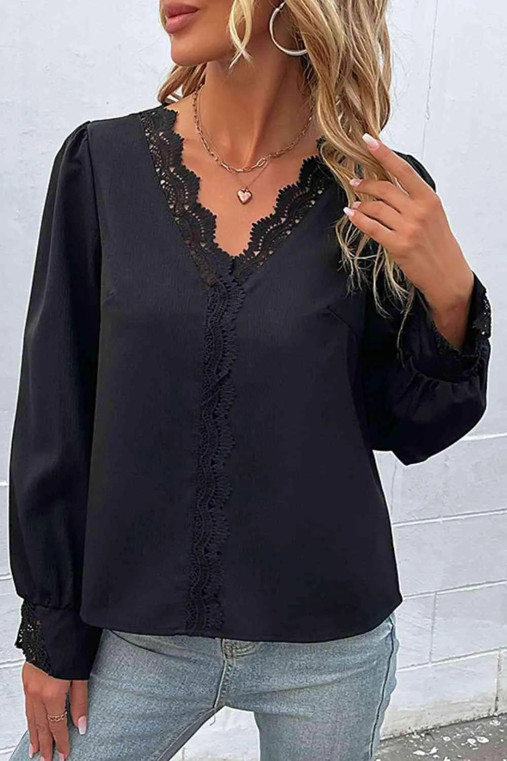 Scalloped Lace Trim Puff Sleeve V-Neck Blouse Black Blouses - Tophatter Daily Deals