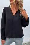 Scalloped Lace Trim Puff Sleeve V-Neck Blouse Black Blouses - Tophatter Daily Deals