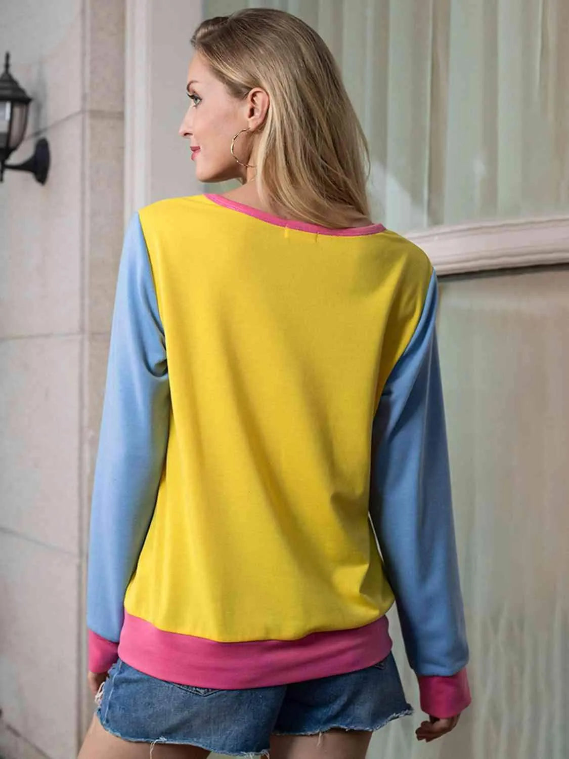 Contrast Round Neck Long Sleeve Top Women's T-Shirts - Tophatter Daily Deals
