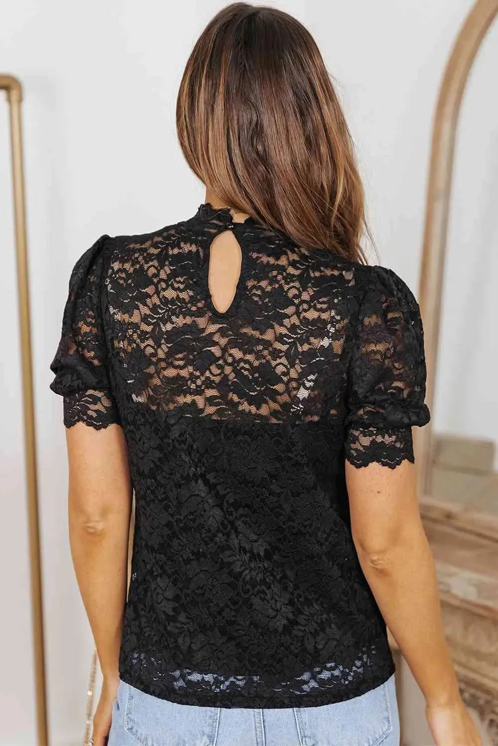 Lace Scalloped Short Puff Sleeve Top Blouses - Tophatter Daily Deals