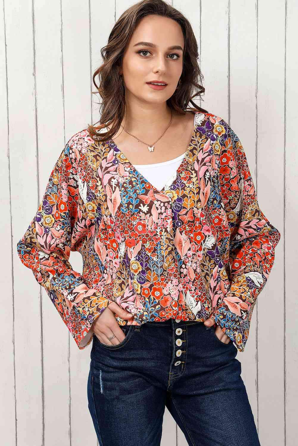 Double Take Floral V-Neck Long Sleeve Blouse Blouses - Tophatter Daily Deals