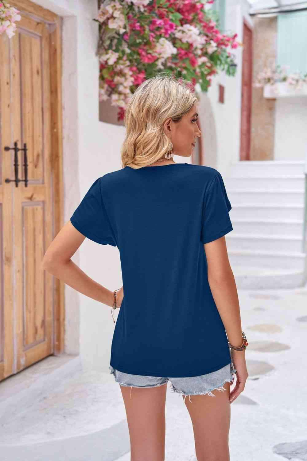 Contrast V-Neck Petal Sleeve Top Blouses - Tophatter Daily Deals