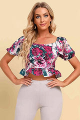 Floral Tied Cropped Peplum Blouse Blouses - Tophatter Daily Deals