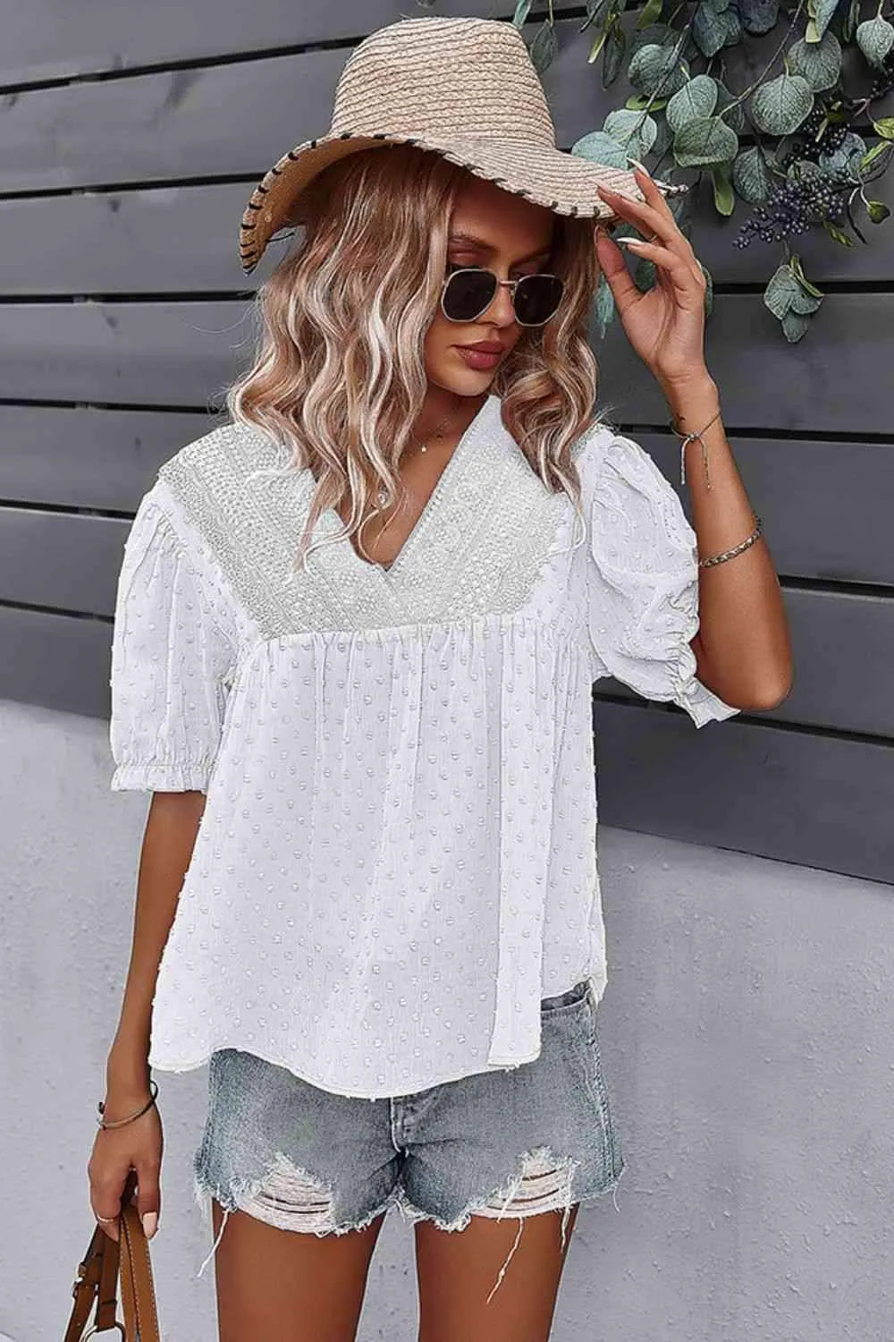 Swiss Dot V-Neck Flounce Sleeve Blouse White Blouses - Tophatter Daily Deals